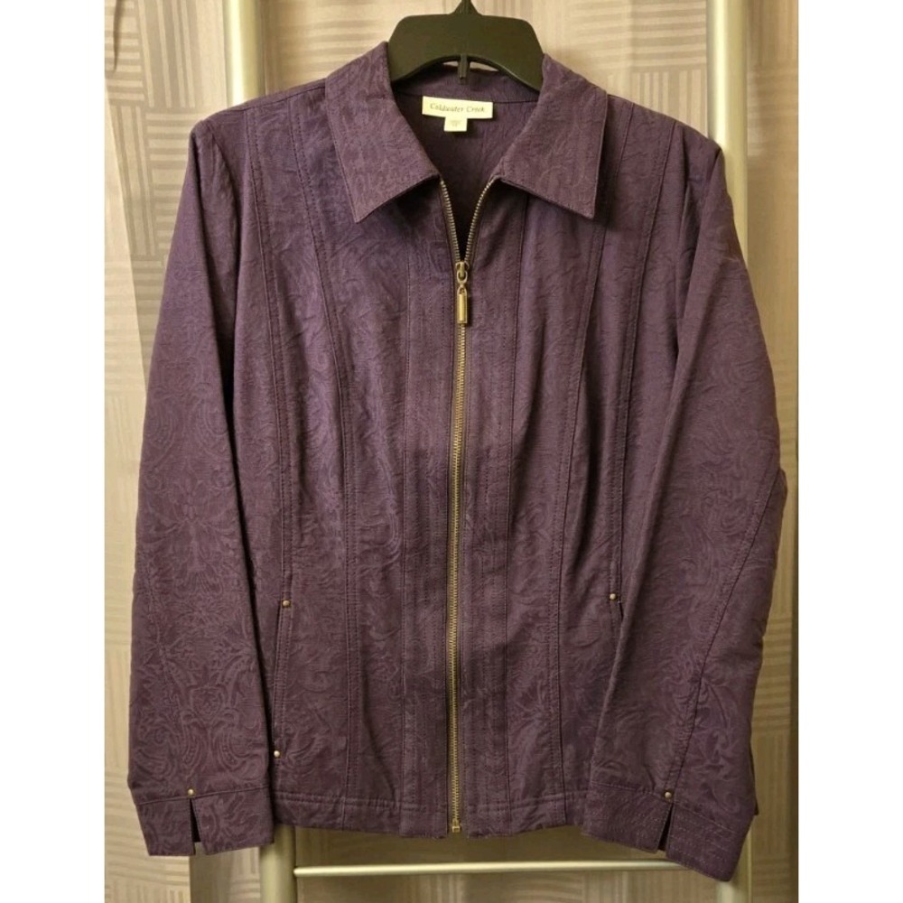 Coldwater Creek Womans Sz 12‎ Purple Floral Jacquard Zip Up Jacket